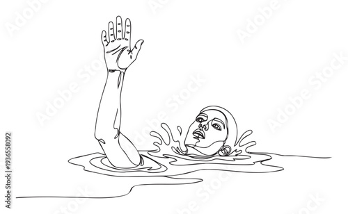 Abstract line illustration of a submerged individual reaching out from choppy waters, ideal for representing themes of seeking support, overcoming adversity, and human vulnerability.