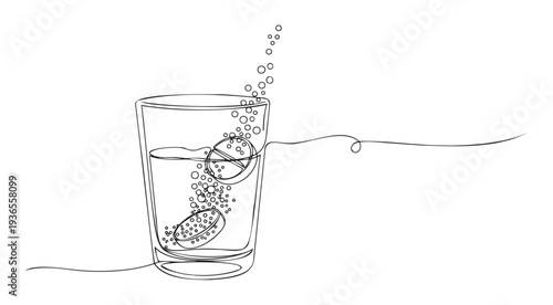 Monoline illustration of effervescent tablets dissolving in a glass of water with many active bubbles, suitable for pharmaceutical product promotion and health education materials.