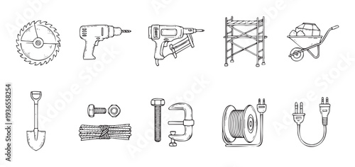 Hand drawn outline collection of various construction tools, building equipment, and essential hardware items perfect for industrial sector projects, home improvement guides, and handyman