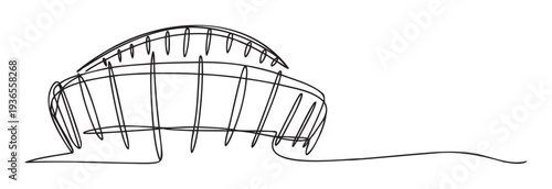 Dynamic single line drawing of a modern stadium architecture, perfect for contemporary design projects, sports event promotions, or minimalist building concepts