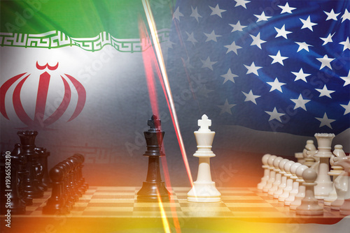 Conflict between Iran and USA represented through a chess game with flags in the background