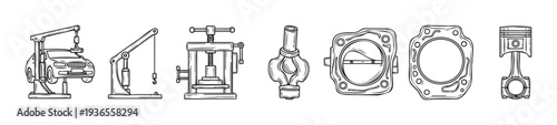 Automotive mechanic tools and car engine parts displayed for auto repair service industry advertisements and workshop maintenance presentations