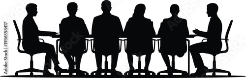 Business team meeting silhouettes at conference table, corporate boardroom discussion collaboration, professional office teamwork planning strategy concept illustration