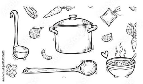 Collection of hand drawn cooking ingredients and kitchen utensils like pot, ladle, spoon, vegetables, and soup bowl suitable for recipe blogs, food packaging, or culinary themed projects.
