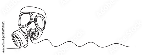 Simple continuous line drawing of a gas mask with a wavy line symbolizing air or danger, suitable for health awareness campaigns and safety product promotions