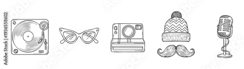 A collection of classic gadgets and stylish accessories depicting a vinyl record player, cat eye glasses, an instant camera, a knit beanie with a mustache, and a microphone perfect for
