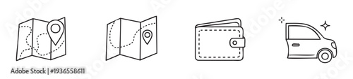 Essential travel planning and transportation symbols for navigating routes, managing finances, and ensuring a clean ride, perfect for mobile app interfaces or informational graphics