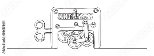 Minimalist one line drawing depicting an intricate internal machine mechanism with cogs, a spring, and a winding key, perfect for showcasing precision, motion, and industrial concepts.