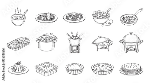 Collection of handdrawn food and cooking equipment icons featuring main courses, desserts, and serving dishes perfect for restaurant menus, recipe books, or kitchenthemed graphic projects
