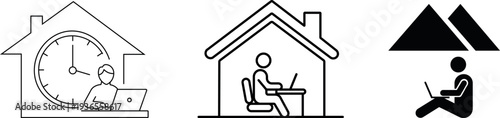 Remote work outline icon set for home office and digital nomad life vector silhouette isolated on transparent background