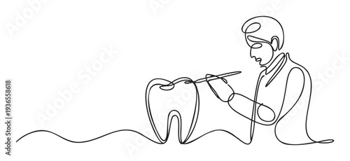 Professional dentist carefully examining a large molar tooth with a specialized dental instrument in a continuous one line drawing style for dental clinic marketing and oral health