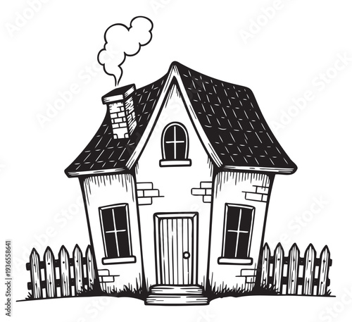 Whimsical storybook house with a smoking chimney and picket fence perfect for childrens books magical tales and folklore themes for various creative projects