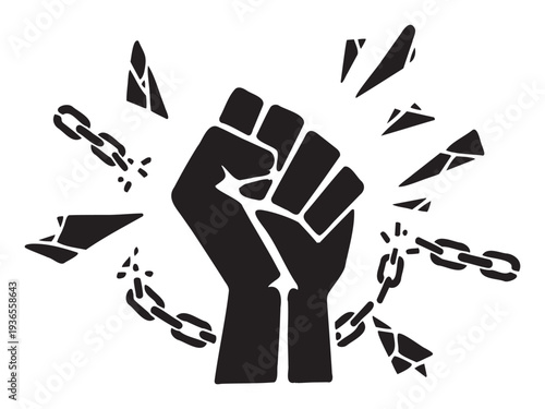 Bold graphic icon of a raised clenched fist breaking apart metal chains, symbolizing freedom, revolution, and strength, ideal for social justice and empowerment messages