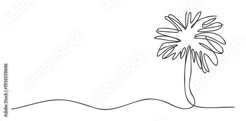 Simple elegant one continuous line drawing of a majestic palm tree symbolizing tropical getaway and nature conservation ideal for web banners and print media