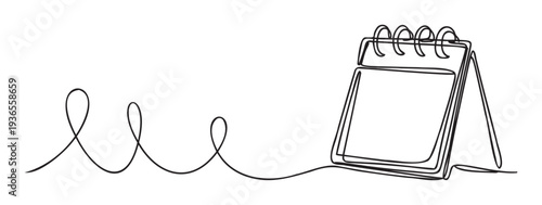 Continuous one line drawing of a minimalist desk calendar or spiral notebook perfect for business stationery, event planning, time management, and schedule organization