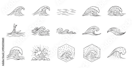 Collection of hand drawn ocean wave illustrations suitable for marine sports apparel, surf club branding, beach resort logos, or summer vacation graphic assets