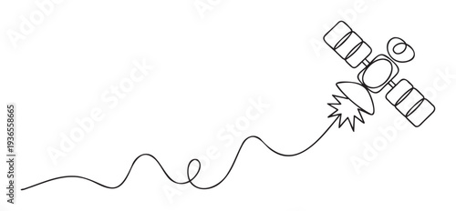Continuous single line drawing of a modern communication satellite orbiting in space, perfect for illustrating global connectivity, technological advancement, and scientific exploration in