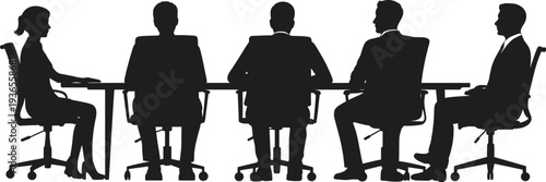 Business team meeting silhouettes at conference table, corporate boardroom discussion collaboration, professional office teamwork planning strategy leadership concept illustration