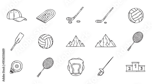Outlined sport and outdoor activity graphic elements including a baseball cap, running track, ice hockey equipment, volleyballs, oar, mountain peaks, badminton rackets, protective headgear,