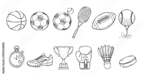 Collection of handdrawn sports equipment doodles featuring balls, a racket, glove, trophy, and stopwatch for athletic event promotions and fitnessthemed projects