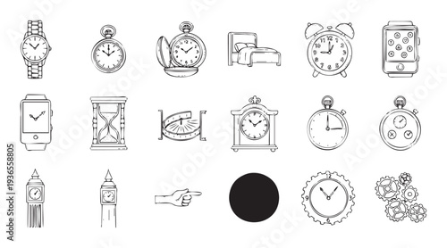 Comprehensive collection of time related objects including various watches, clocks, and mechanical elements ideal for educational content or scheduling applications