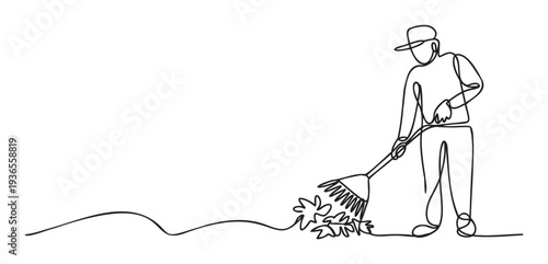Minimalist continuous line drawing of a person wearing a hat, diligently raking fallen autumn leaves into a pile, perfect for ecofriendly garden service promotions or seasonal home