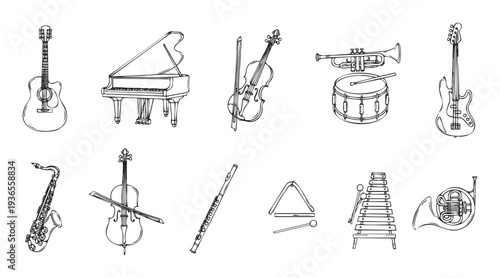 A diverse collection of popular musical instruments depicted in a simple outline style, ideal for educational content, music lesson materials, or graphic projects.