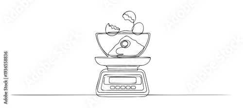 A continuous line drawing depicting a digital kitchen scale measuring baking ingredients like eggs in a bowl, perfect for cooking blogs, food preparation guides, or kitchen decor.