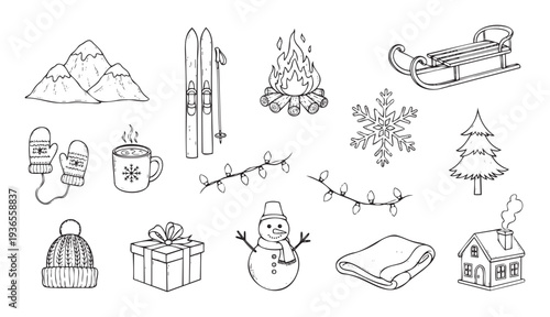 Winter doodle collection featuring outdoor mountain activities, cozy moments, and holiday season symbols for brochures or greeting cards