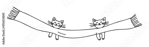 Cute happy cats dangling from a cozy blanket or scarf, expressing warmth and comfort for childrens books or cheerful decoration.