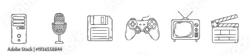 Hand drawn set of classic technology and entertainment devices featuring a computer, microphone, floppy disk, gamepad, television, and film clapperboard for nostalgic digital content