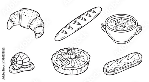 Discover a charming collection of traditional French culinary delights perfect for menu illustrations, travel guides, or educational materials celebrating European cuisine and gastronomy