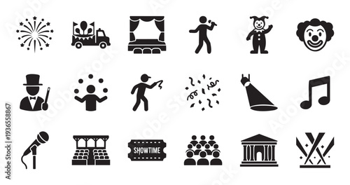 A collection of diverse entertainment and performance themed glyph icons illustrating live shows, music events, circus acts, and public gatherings for graphic design resources and modern