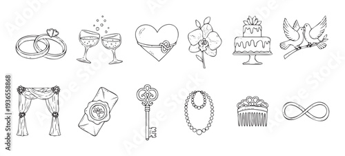 Hand drawn wedding and romance vector icons including rings, cake, doves, arch, and pearls, perfect for creating romantic invitations, event decorations, and anniversary celebration artwork.