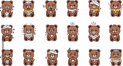 Cute Teddy Bear Emotions and Injury Set with Crying, Sick, Bandaged and Hurt Expressions Cartoon Vector Illustration Collection
