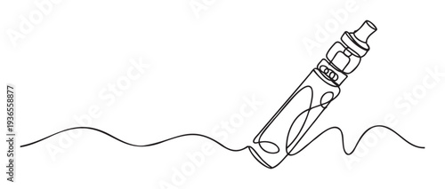 Continuous line drawing of a modern vape pen device creating a wavy trail, perfect for addiction awareness campaigns, electronic cigarette marketing materials, or minimalist smoking
