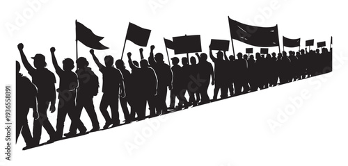 A diverse group of activist participants protest and march together raising fists and holding flags and signs demonstrating their collective power for social change and public awareness