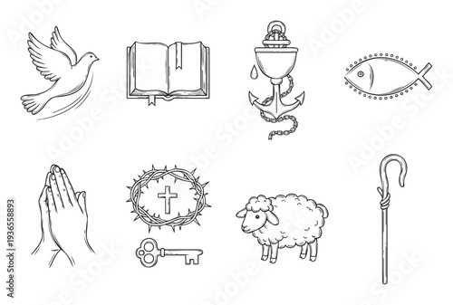 Collection of various Christian religious symbols representing spiritual concepts like faith hope and salvation useful for educational materials or church publications