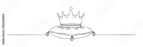 Elegant continuous line drawing of a royal crown resting on a soft decorative pillow, perfect for symbolizing luxury, monarchy, power, and high status in branding, web graphics, or