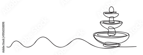 Minimalist single line drawing of an elegant tiered fountain with flowing decorative waves representing water, ideal for tranquil background graphics, spa marketing, or contemporary