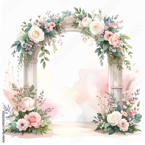 White Pillar Wedding Arch Watercolor Floral Decoration Illustration