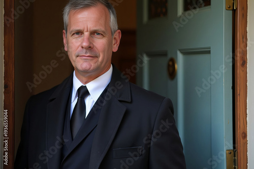 Bailiff Displays Identification Badge at House Entry