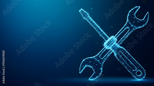 A digital illustration of a screwdriver and wrench in a futuristic neon blue design