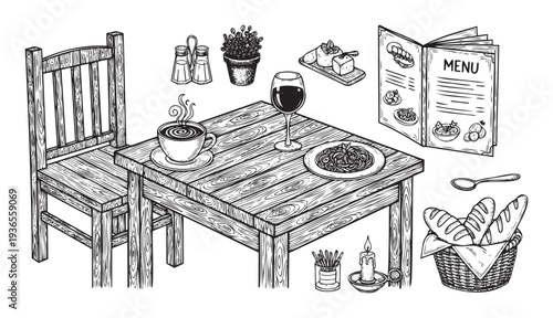 Restaurant cafe dining scene featuring a wooden table set with food, drinks, and a menu, perfect for illustrating culinary concepts or eatery atmosphere