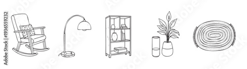 Handdrawn line art of home furniture and decor items including a rocking chair, floor lamp, bookshelf, potted plants, and a round rug, ideal for interior design and lifestyle content.