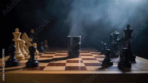 Conceptual photography of a black oil barrel on a chessboard with smoke and chess pieces representing global energy strategy and geopolitics