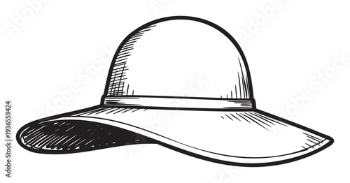 Handdrawn widebrimmed sun hat sketch representing a chic summer accessory suitable for various fashion publications, travel brochures, or beach resort marketing materials.