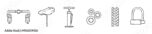 Essential bicycle accessories and repair tools presented as simple line icons perfect for cycling enthusiasts and outdoor activity related digital content