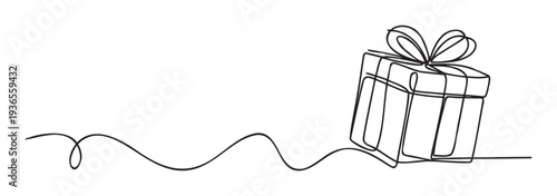 Minimalist continuous single line drawing of a gift box with a bow and wavy trail perfect for celebration invitations and holiday greeting promotions