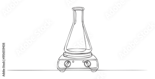 A minimalist continuous single line drawing depicts an Erlenmeyer flask on a scientific laboratory hot plate stirrer, perfect for educational science publications, chemistry class
